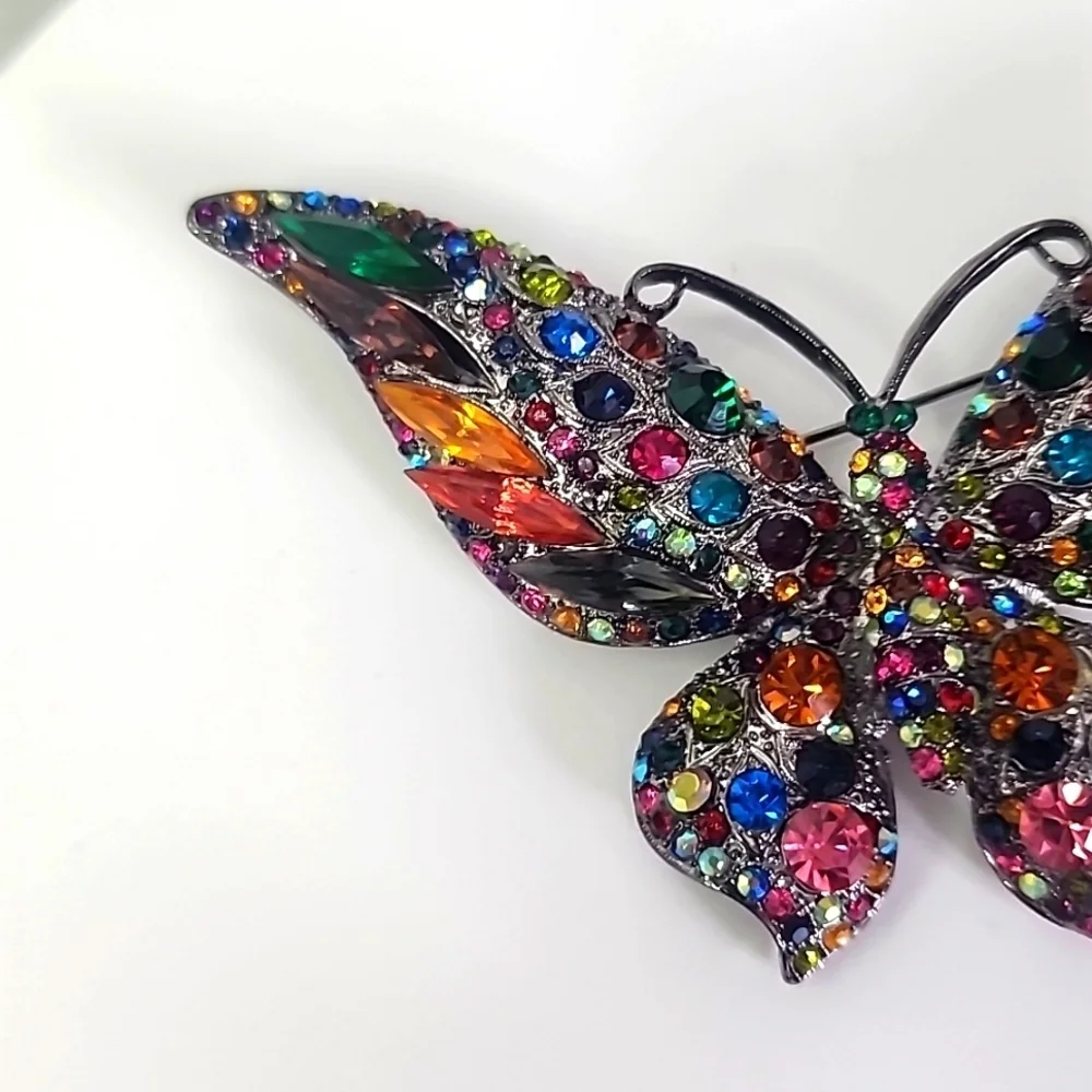 Large Silver Statement Butterfly Pin Brooch Multi Color Crystal Rhinestones New
